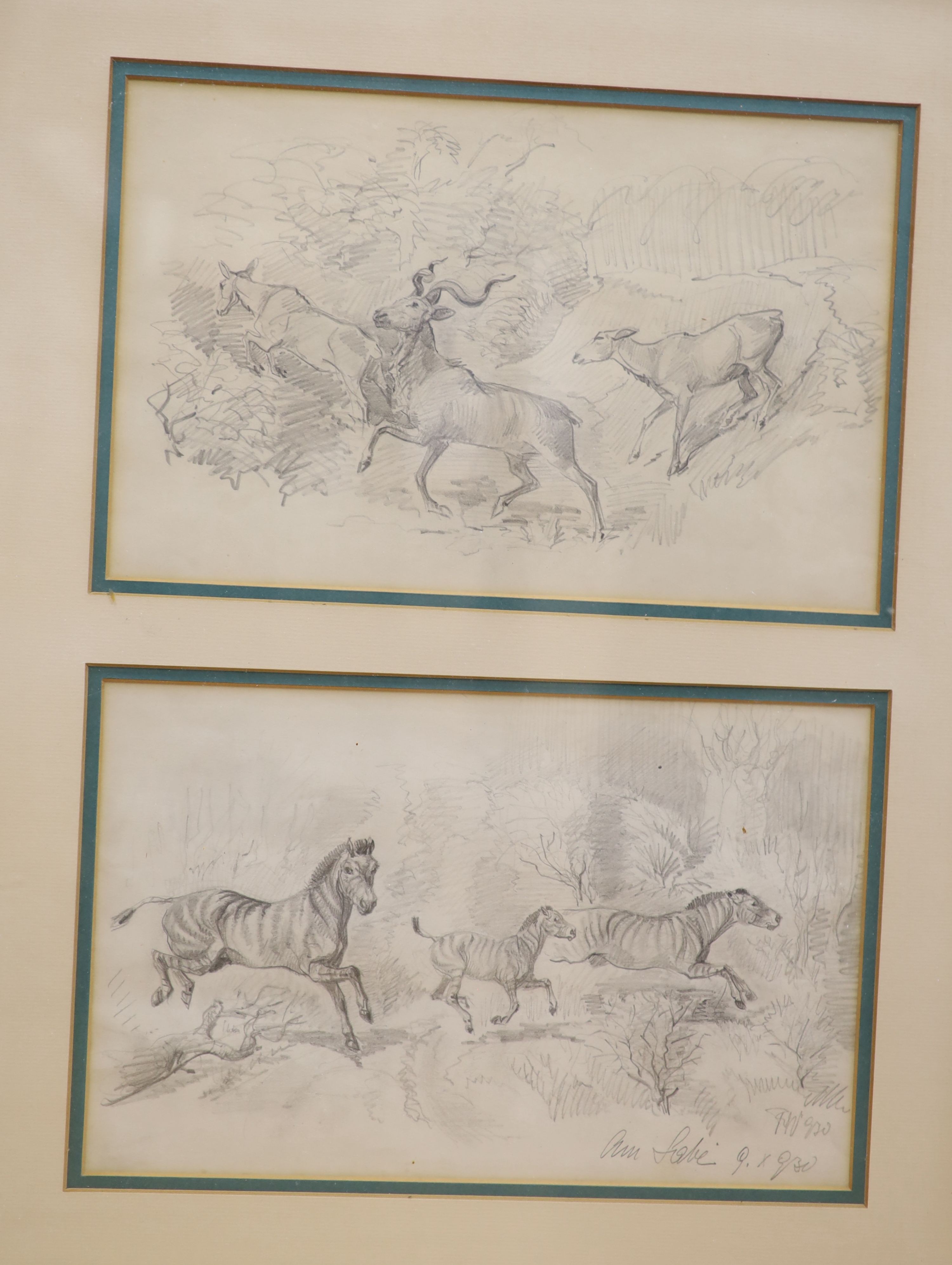 Baron Fritz Weber (d.1931), thirteen pencil drawings, Equestrian subject, 17 x 27cm, in six frames